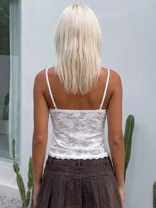 Women Camisoles Sheer Lace Split-Front Bow Detail Spaghetti Strap Cropped Tank Tops Summer Sleeveless Vests Streetwear - White - View 2