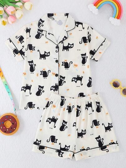 2pcs/Set Girls' Casual Cartoon Cat Print Polo Collar Short Sleeve Cardigan And Shorts Pajama Set, Flame Retardant, All Season