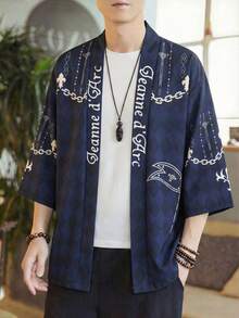 Anime Kimono Jacket, Printed 3/4 Sleeve Robe, Navy Blue Rhombus Pattern Loose Casual Cardigan - Multicolor - View 2