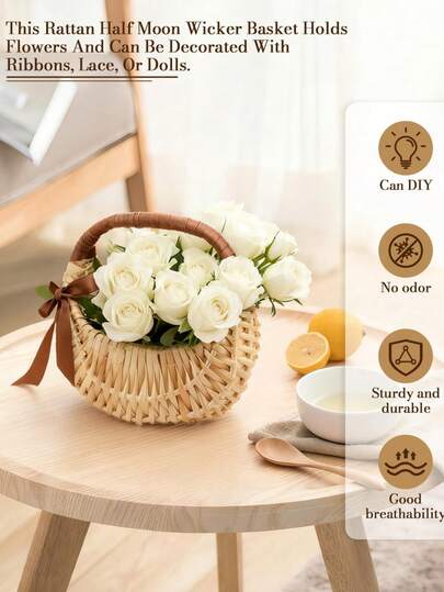 Giỏ hoa mây đan thủ công phong cách Boho mộc mạc, giỏ mây hình bán nguyệt có tay cầm dùng cho bé gái cầm hoa trong đám cưới, trang trí nhà cửa, đựng đồ, làm quà tặng, trang trí tiệc, sân vườn, tiệc cưới, giỏ mây đan, giỏ hoa cho bé gái, giỏ đan thủ công, giỏ đan tự nhiên, giỏ hoa cưới, trang trí nhà cửa phong cách Boho.