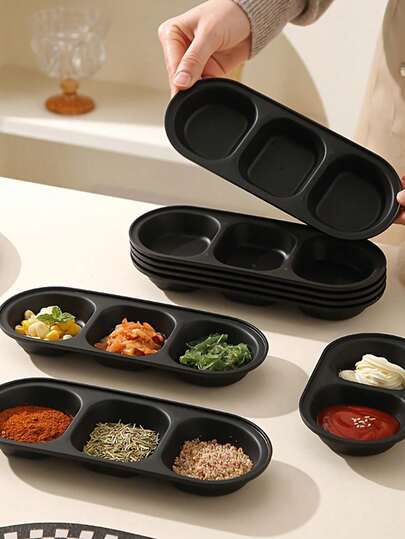 Bộ 1/2 bát đựng gia vị chia ngăn màu đen, chống vỡ, thích hợp đựng nước sốt, gia vị, nước tương, giấm, đồ ăn nhẹ, phô mai, tương cà, phụ kiện nhà bếp và bàn ăn.