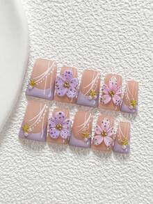10Pcs Fresh Pastoral Style Handmade Nail Art Set,Polygel Nail Set,Golden Starfish,Forest Girl,Includes Nail Tools,3 Sizes Available,Almond Nails , Duck Nails,Coffin Nails For Party, Dance, Daily Wear. - 彩色 - 查看 13