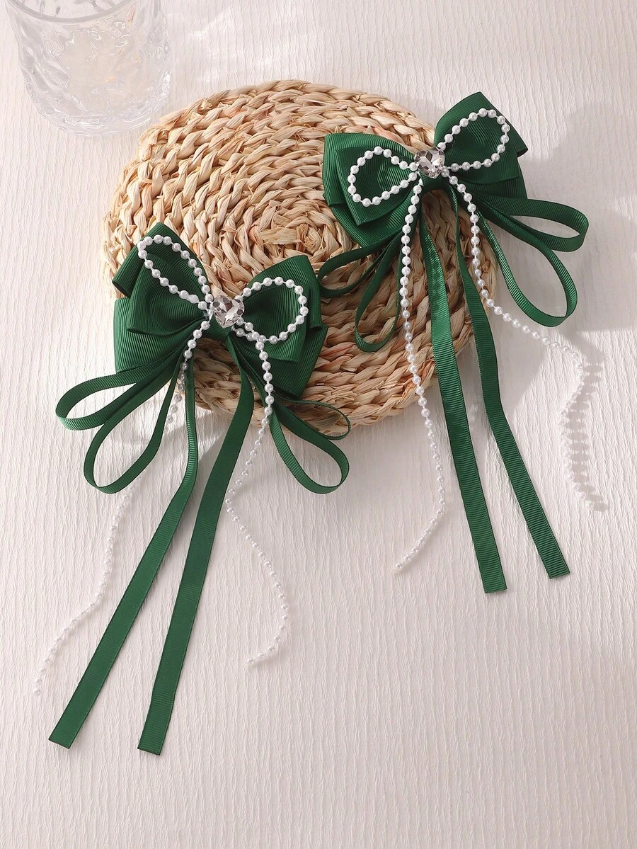 2pcs Fashionable Green Tone Cute Bow Hair Clips Set, Casual College Style Accessories For Girls - Green - View 1