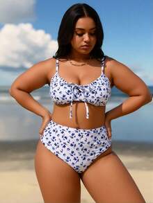 2026 New Plus Size Blue White Floral Bikini, High Waist Tummy Control Two Piece Swimsuit - Nhiều màu - Xem 6
