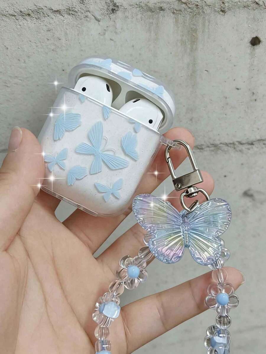 1pc Blue Glitter Butterfly Print TPU Bluetooth Earphone Case, Compatible With Apple Pro 3/2 Wireless Earphones Protection Cover - Multicolor - View 1