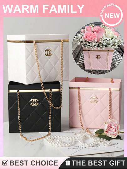 2/1个装花束盒，花店包装桶，手提包式花纸礼盒，带金属链条提手，用于花束收纳、鲜花包装和礼品包装，优雅的花店用品，适用于婚礼、派对、节日、花店展示和花束陈列