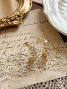 2pcs Vintage Engraved Gold & Silver Tone C-Shaped Hoop Earrings For Women, Party Wear - Multicolor - View 8