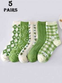 1/5 双女士碎花菱形图案提花心形纹理中筒袜，甜美百搭，适合日常穿着（5 双中款式随机） - 綠色 - 查看 9