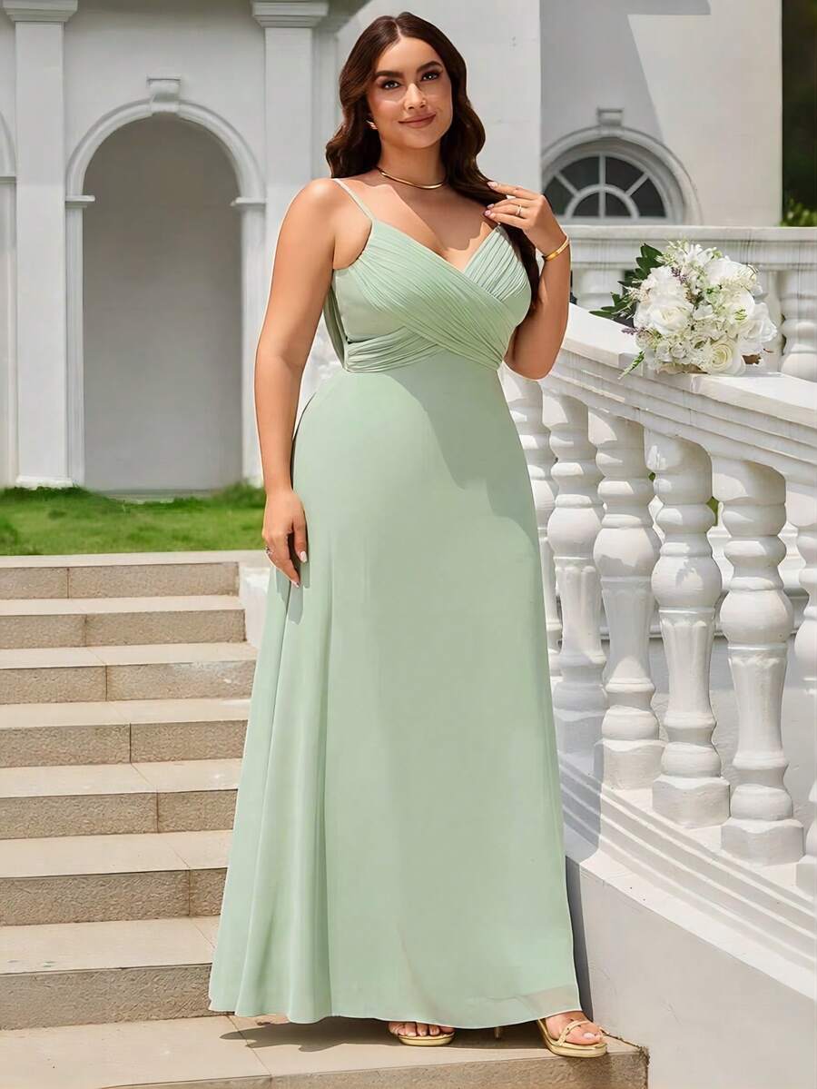 EVERPRETTY 優雅V領百褶胸前伴娘禮服，夏季長洋裝，婚禮賓客禮服，正式場合春季派對秋季禮服