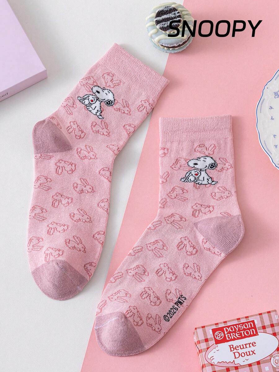 1 Pair Authentic SNOOPY Pattern Women's Pink Mid-Calf Socks, Cute Cartoon Design Distinctive SNOOPY Ladies' Socks, Odor-Resistant Moisture-Wicking Casual Versatile Crew Neck Cartoon Pattern Socks, Suitable For Students/Adults As Gifts And Daily Wear - Pink - View 1