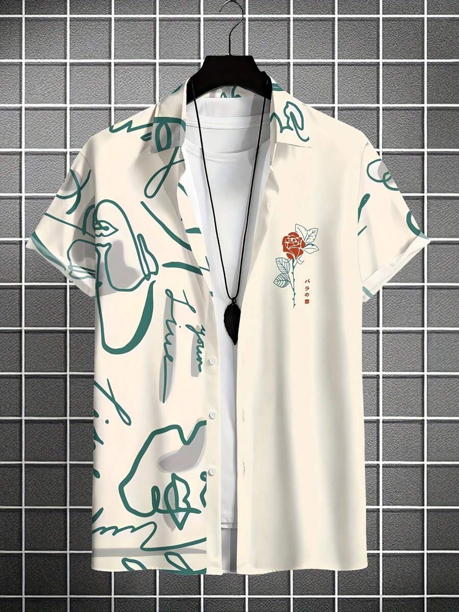 Abstract Rose And Line Art Symbolizes Freedom Love And Creativity Bringing A Modern Artistic Touch To Daily Wear 3D Printed Mens Short Sleeve Casual Button Up Shirt Stylish Summer Outfit - trắng - Xem 1