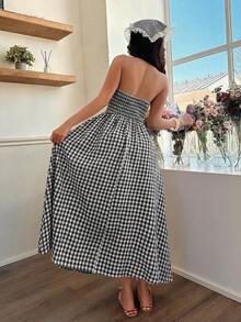 EARO 时尚女士长款挂脖格子连衣裙，甜美显瘦，夏季休闲度假装 - 白色 - 查看 3