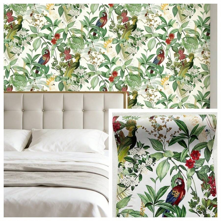 1 Roll Tropical Jungle Parrot Self-Adhesive Wallpaper, Vintage American Style Decor For Living Room, Bedroom, Vanity Area, Includes Green Leaf Decor, Red Floral/Parrot Patterns, Easy Peel And Stick Design