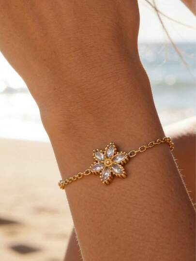 Pulsera de flor de cristal chapada en oro de 18K para mujeres, joyería de playa estilo bohemio dorada, cadena delicada ajustable de acero inoxidable