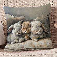 1 pieza 1 Funda de almohada suave de Pascua con impresión de un solo lado, múltiples tamaños, sin bordado, con el diseño de tres conejos mini lop-eared grises acostados en un sofá suave, funda de almohada decorativa adecuada para cama y sofá, sin relleno de almohada - 1PC - Ver 1
