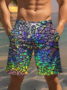 One Piece Of Men's Iridescent And Personalized Woven Fabric Smooth And Skin-Friendly For Partner Summer Pool Party Iridescent Geometric Broken Glass Print Loose Men's Beach Shorts - Multicolor - View 3