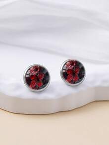 1 Pair Elegant Floral Pattern 316 Stainless Steel Round Stud Earrings, Minimalist Style Suitable For Women's Daily Wear And Gift, Graceful And Simple Jewelry Earrings Suitable For Women's Daily And Holiday Wear - Red - View 4
