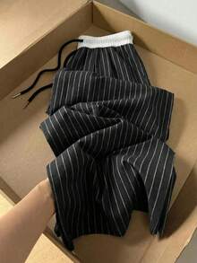 Quần dài ống rộng phối sọc tương phản, túi hai bên, cạp chun có dây rút, kiểu dáng thường ngày, thích hợp cho mùa xuân. - Sọc đen - Xem 1