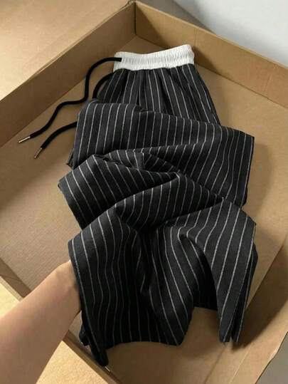 SAOYANGYU Quần dài ống rộng phối sọc tương phản, túi hai bên, cạp chun có dây rút, kiểu dáng thường ngày, thích hợp cho mùa xuân.