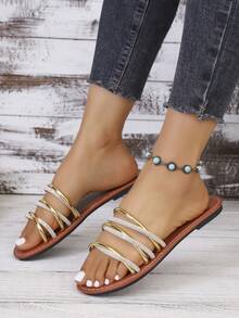 Women's Criss-Cross Rhinestone Decor Contrast Color Slip-On Flat Sandals, Beach Resort Avant-Garde Bohemian Casual Sexy PU Leather Rhinestone Ladies Flat Sandals, Summer - Gold - View 4