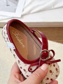 1 Pair Girls' Ditsy Floral Minimalist Bow Imitation Shoes, Fashionable & Elegant Spring/Autumn Campus Style Shoes - Red - View 9
