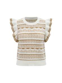 女士时尚优雅条纹圆领荷叶袖休闲针织上衣 - 彩色 - 查看 4