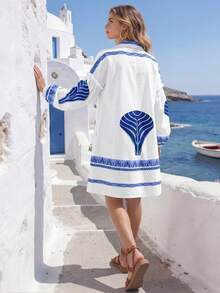 Vestido casual de mujer con rayas, de corte holgado y bajo con abertura, elegante para primavera y verano - Azul - Ver 5