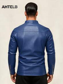 AHTELB Men's PU Leather Jacket, Casual Retro Riding Motorcycle Jacket, Spring Autumn Sports Jacket, Black Stand Collar Solid Color Leather Jacket For Men - Blue - View 2