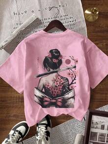 100% Cotton Double Sided Print T - Shirt - Japanese Geisha Cherry Blossom Art Casual Spring Summer Beach Party Graduation Women's Loose Tee - Pink - View 3