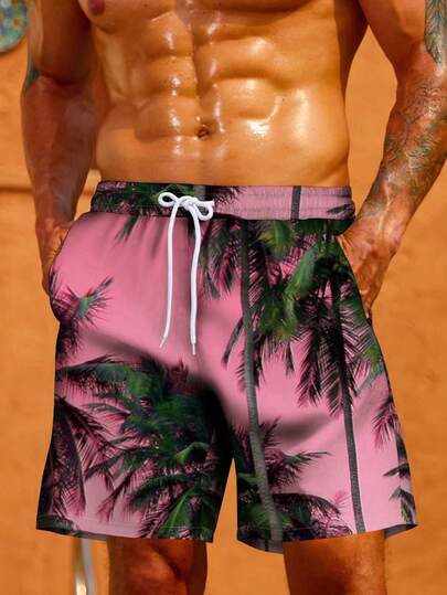 男士休闲短裤，夏威夷假日海滩度假椰树艺术3D数码印花时尚日常度假弹力腰抽绳泳裤沙滩装