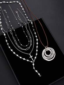 17KM 5pcs Minimalist Fashionable Exaggerated Silver Chunky Chain Cross Spiral Geometric Pendant Necklace Set, Long Y-Shaped Chain Necklace, Suitable For Girlfriend, Mom, Vacation, Date, Party, Wedding - Silver - View 5