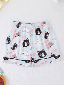Bộ đồ ngủ 2 món cho bé gái, in hình mèo hoạt hình, áo cardigan cổ polo tay ngắn và quần short, chống cháy, phù hợp mọi mùa. - Nhiều màu - Xem 8