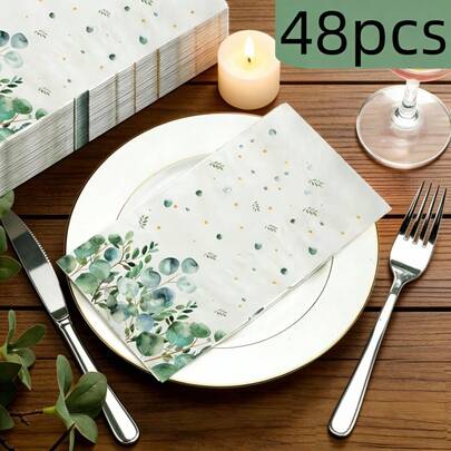 Eucalyptus Gold Dot Double-Ply Disposable Napkins, Sage Green Floral Rectangular Paper Napkins, Ideal For Bridal Shower, Birthday, Mother's Day Party, Tabletop Decor, And Hostess Gifts