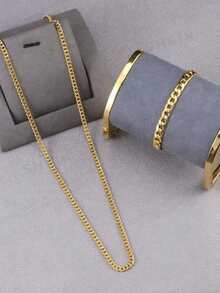 Bộ 2 món dây chuyền và vòng tay nam bằng thép không gỉ thời trang tối giản, đa năng. - Vàng - Xem 2