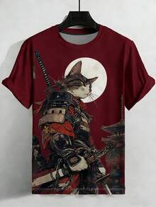 男士加大码3D猫咪图案印花T恤，休闲运动针织面料圆领短袖上衣，夏季 - 彩色 - 查看 10