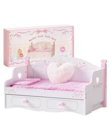 Robotime Robud 2-In-1 Wooden Doll Bunk Bed & Sofa Set With Bedding – Convertible Baby Doll Crib Furniture, Pink Kids Pretend Play Toy Gift - Pink - View 11