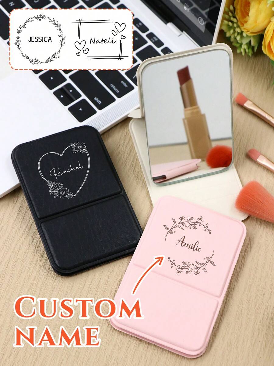 Customized Name Mirror, Personalized Folding Makeup Mirror, Portable Floral Beauty Accessory For Travel Handbag, Gift For Her - Multicolor - View 1