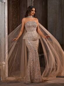 Women's Elegant Sexy Floral Sequin Patchwork Formal Evening Gown Dress Party Wedding Spring - Apricot - View 7