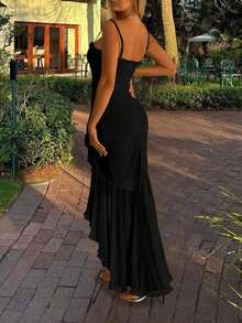 优雅性感修身不对称荷叶边网纱毕业礼服：毕业典礼、鸡尾酒会、校园庆典、圣诞节和新年活动以及春季婚礼的理想之选 - 黑 - 查看 6