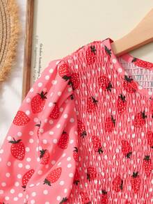 Girls' Casual Long Strawberry Print Round Neck Short Sleeve Dress - Pink - View 5