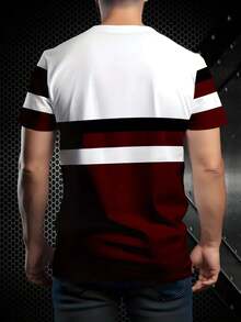 T-shirt rayé imprimé 3D à la mode pour hommes - col rond rétro, manches courtes, Top décontracté, 100% polyester, lavage machine, coupe confortable pour toutes les saisons, design pull doux | contraste de couleurs audacieux | T-shirt en polyester - Multicolore - Voir 2