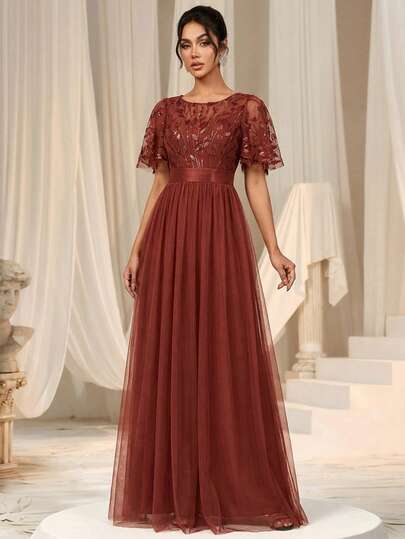 EVERPRETTY 荷叶边袖花卉亮片网纱晚礼服，优雅晚装，适合正式场合；橘色伴娘礼服，适合春夏婚礼派对。