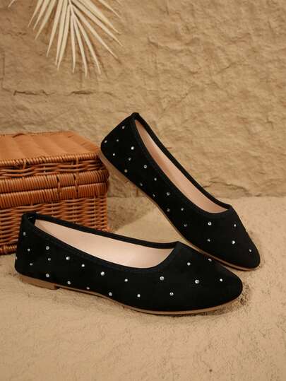 Zapatos planos de ante negro con rhinestones, estilo suave y versátil para ir y venir, zapatos de abuela para mujeres