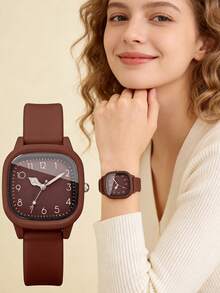 2 piezas Conjunto de relojes de cuarzo para mujer, que incluye 1 reloj de cuarzo con correa de silicona marrón, esfera cuadrada y números arábigos, y 1 pulsera de cadena dorada rosa con forma de corazón borgoña - Marrón - Ver 2