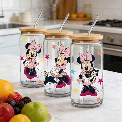  1 cốc thủy tinh Disney, in hình chuột Minnie dễ thương, cốc bền chắc, chống rò rỉ, có ống hút, dung tích 480ml, đóng hộp kèm mã chống hàng giả.