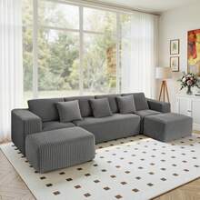 132" Cloud Couch, U Shaped Sectional Couch, Striped Corduroy Modular 6-Seater Sofa For Living Room Bedroom, Reversible Chaise, Free Configuration, No Assembly, Gray - 深灰色 - 查看 2
