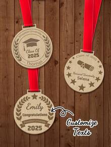 1pc Custom Text Graduation Wooden Medal – Personalized 3-Style Grad Keepsake With Custom Name & University Year | Red Ribbon Grad Medal | Ideal High School/College Graduation Gift | Graduation Ceremony Keepsake & Home Decor,Graduation Season Gifts - Multicolor - View 1