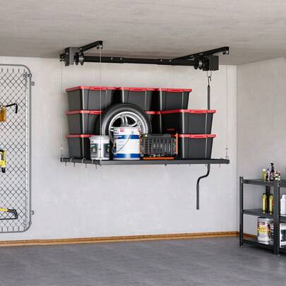 TEQIN Adjustable 4x4 Ft Ceiling Storage Rack, Heavy Duty Overhead Garage Rack With 250 Lb Capacity And Auto Safety Lock, Ideal For Attic And Basement Organizing
