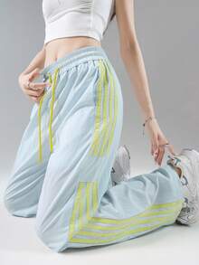 2026 女士轻便休闲直筒裤，抽绳设计，宽松版型，条纹拼接撞色设计，适合春夏户外穿着和跑步 - 0B47淺藍拼黃 - 查看 7