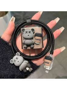 5-In-1 Cute Bear & Coffee Cup Themed Charging Adapter Protective Case Set, Compatible With Apple 20W/18W Chargers, Suitable For IPhone 16 Pro Max/15/14/13/12/11, Dust-Proof And Anti-Drop - Black - View 4